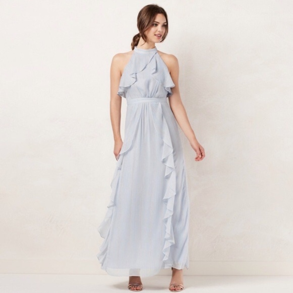 New light shimmering blue maxi ruffle  dress